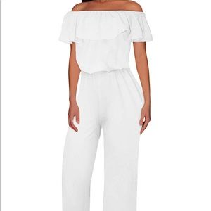 Women Off Shoulder High Waist Wide Pants Jumpsuit